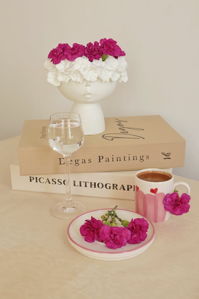cta-image Artistic table with pink flowers, Degas and Picasso books, and coffee cup.